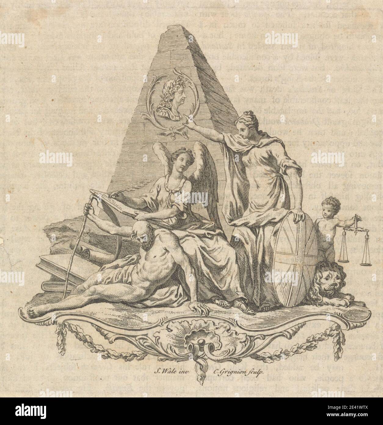 Charles Grignion, 1717–1810, British, Britannia Allegory, entre 1743 et 1747. Gravure et gravure de ligne; typographie sur verso sur papier de fond, légèrement texturé, crème (page dans le livre). Allégory , armure , livres , enfant , déesse , lion , homme , mythologie , personnification , prisonnier , pyramide (tombeau) , sujet religieux et mythologique , échelle (appareil de pesage) , scythe , bouclier , tablette , arrière-plan , guerre , ailes , femmes , écriture (processus). Britannia Banque D'Images