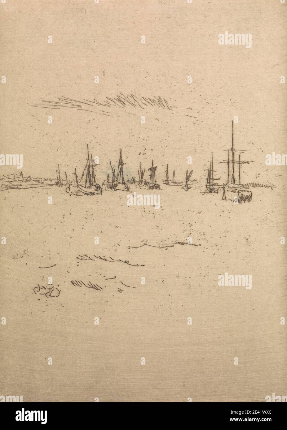 Imprimé par James McNeill Whistler, 1834–1903, américain, actif en Grande-Bretagne (de 1859), Retour à Tilbury, 1887. Gravure sur papier laté antique fin, légèrement texturé, crème. Bateaux , révision de flotte , flottille , jubilé , art marin , mâts , marine , mer , navires. Angleterre , Essex , Europe , Tilbury , Royaume-Uni Banque D'Images