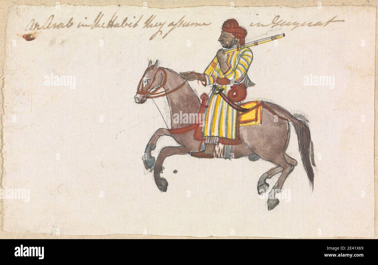 Gangaram Chintaman Tambat, actif 1790, anglo-indien, un arabe dans les vêtements de Guyirat, non daté. Aquarelle et graphite avec stylo et encre noire sur papier crème moyen légèrement texturé. Art animal Banque D'Images