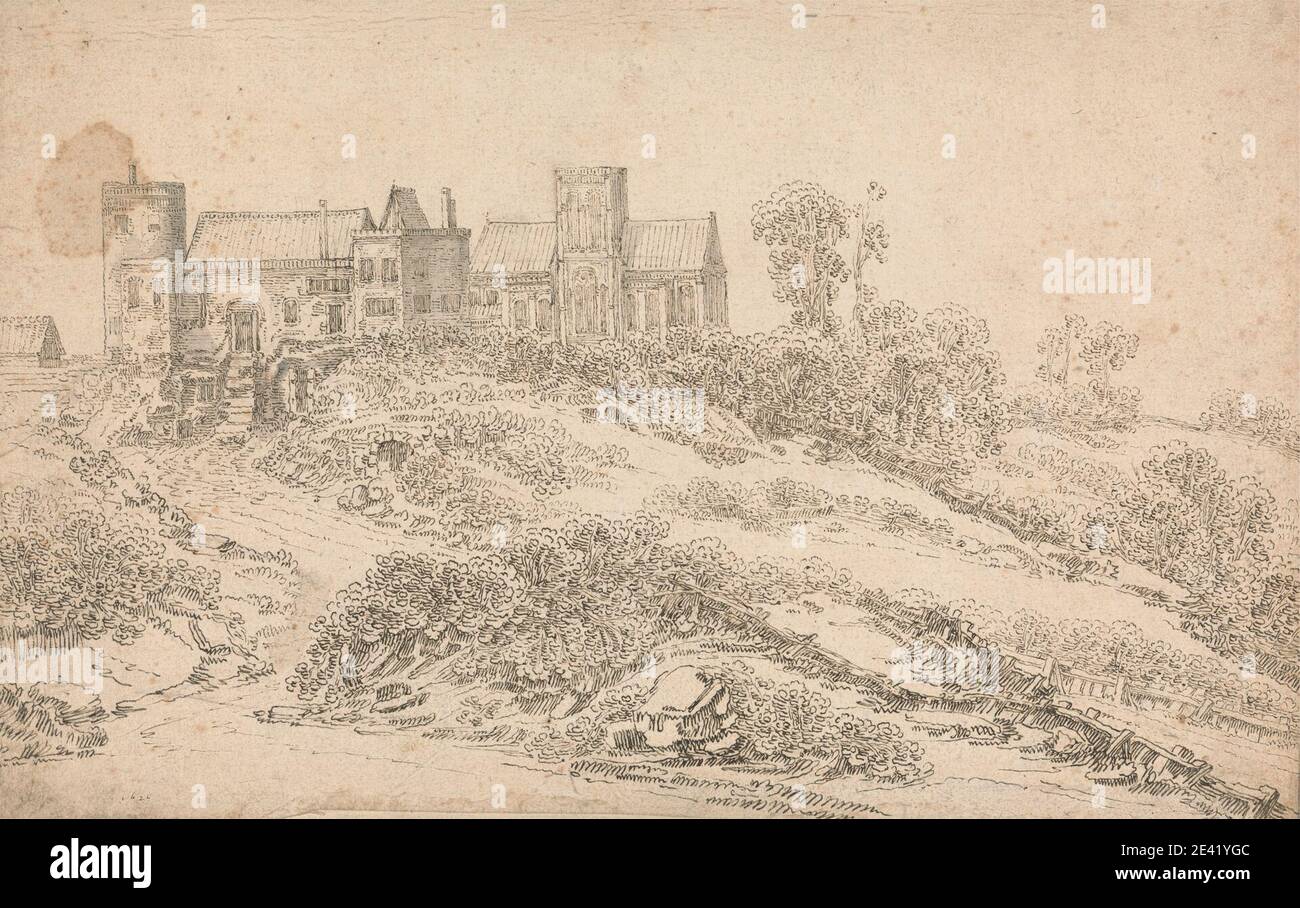 Claude de Jongh, CA. 1600â€"1663, néerlandais, actif en Grande-Bretagne (1615, 1625, 1627, 1628), UN manoir et une église Tudor, 1625. Plume et encre brune sur papier moyen, légèrement texturé, crème. Sujet architectural , église , colline , paysage , manoir Banque D'Images