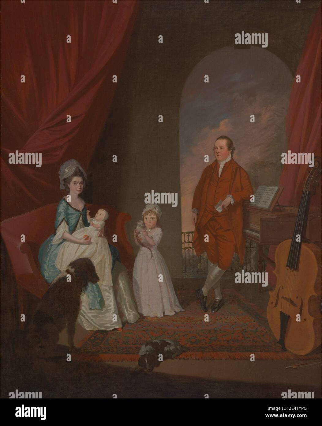 James Millar, vers 1735â€"1805, British, Family Group, entre 1774 et 1780. Arche , bébé , balcon , culottes , boucles , chat (chat domestique) , violoncelle , enfants , manteau , pièce de conversation , costume , canapé , couple , rideaux , fille , chiens (animaux) , robes , famille , père , fille , robe , clavecin , mari , keystone , lettre , homme , mère , musique , instruments de musique , parents , piano , pianoforte , portrait , rouge , tapis , partitions , chaussures , soie , bas , femme , fenêtre , femme Banque D'Images
