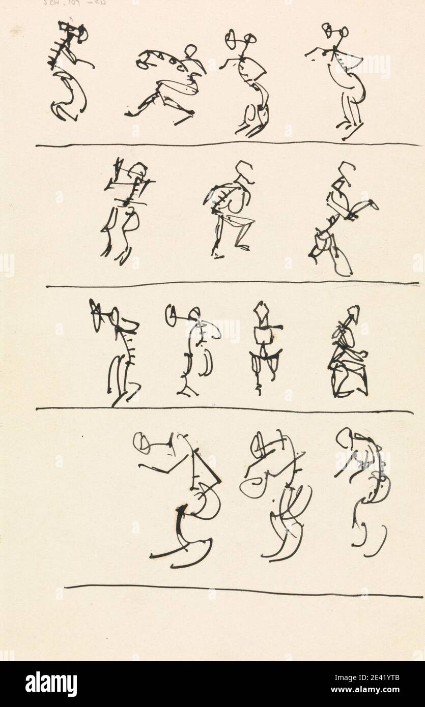 Henri Gaudier-Brzeska, 1891â€"1915, Français, quatre registres de quatorze figures dansante, entre 1910 et 1915. Stylo et encre noire sur papier moyen, lisse, crème. Art abstrait , danse , figure , étude de figure , étude (travail visuel) , Vortisme Banque D'Images