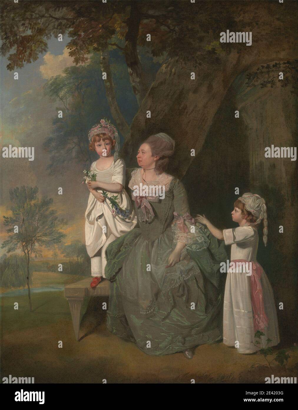 Francis Wheatley, 1747–1801, British, Mme Barclay et ses enfants, entre 1776 et 1777. Huile sur toile. Banques , banc , brasseurs , enfants , colonne (élément architectural) , pièce de conversation , costume , filles , famille , fleurs (plantes) , jardin , geste , filles , portrait de groupe , coiffures , jalousie , paysage , mère , parc (jardins) , portrait , chaussures , femme Banque D'Images