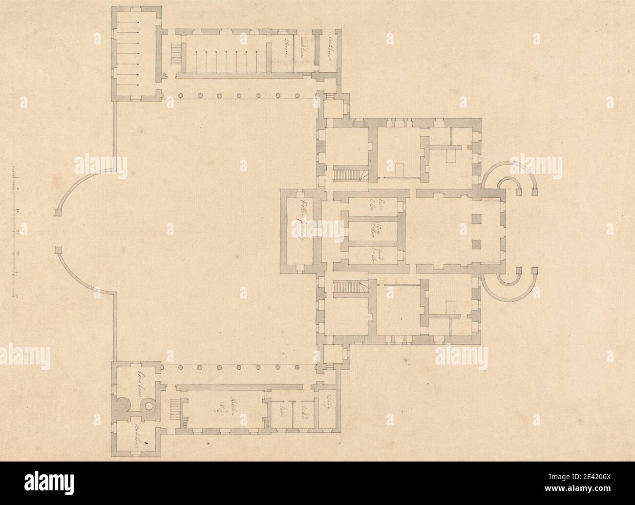 Colen Campbell, 1676â€“1729, British, Lowther House, Westmorland: Lower Ground Floor Plan, entre 1718 et 1729. Graphite, stylo et encre noire, lavage gris, à l'intérieur d'une bordure triple sur moyenne, légèrement texturé, crème posée barre de papier échelle de 1/20 pouces à 1 pied. Sujet architectural, sous-sols , maison de campagne , plans d'étage , maison , Palladian. Cumbria , Angleterre , Europe , Royaume-Uni , Westmorland Banque D'Images