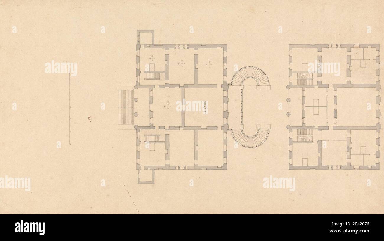 Colen Campbell, 1676â€“1729, British, Lowther House, Westmorland: Plan principal et plan de premier étage, entre 1718 et 1729. Graphite, stylo et encre noire, lavage gris, à l'intérieur de la bordure triple sur moyen, légèrement texturé, crème posée barre de papier échelle de 1/20 pouces à 1 pied. Sujet architectural, dessins , plans d'étage , maison , Palladian Banque D'Images