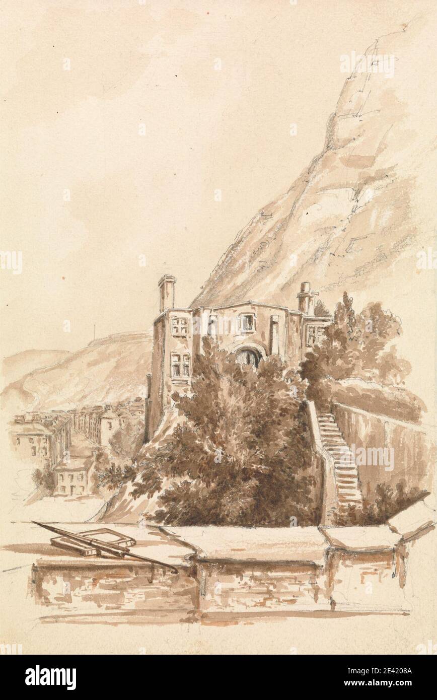 Artiste inconnu, vue d'une ville avec des falaises en arrière-plan, entre 1826 et 1866. Laver brun sur graphite. Banque D'Images