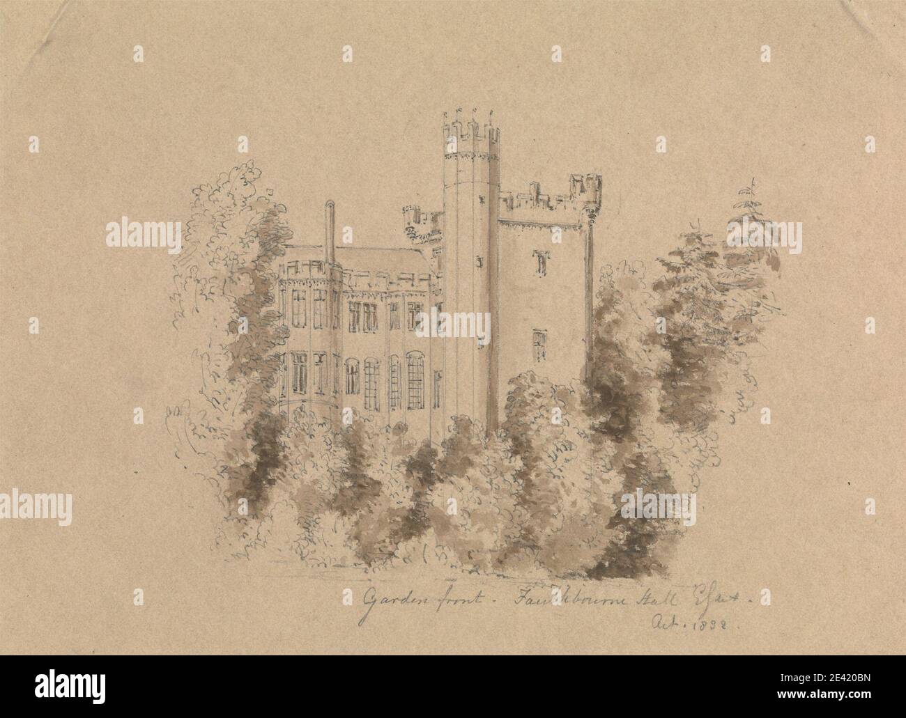 Artiste inconnu, partie d'un château entouré d'arbres, entre 1826 et 1866. Lavage brun, graphite. Banque D'Images