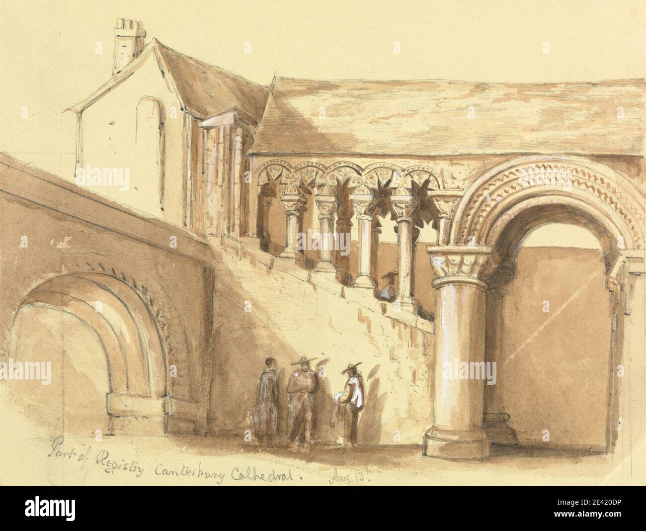 Artiste inconnu, l'escalier normand, Canterbury, entre 1826 et 1866. Lavage brun rehaussé de blanc sur graphite. Banque D'Images