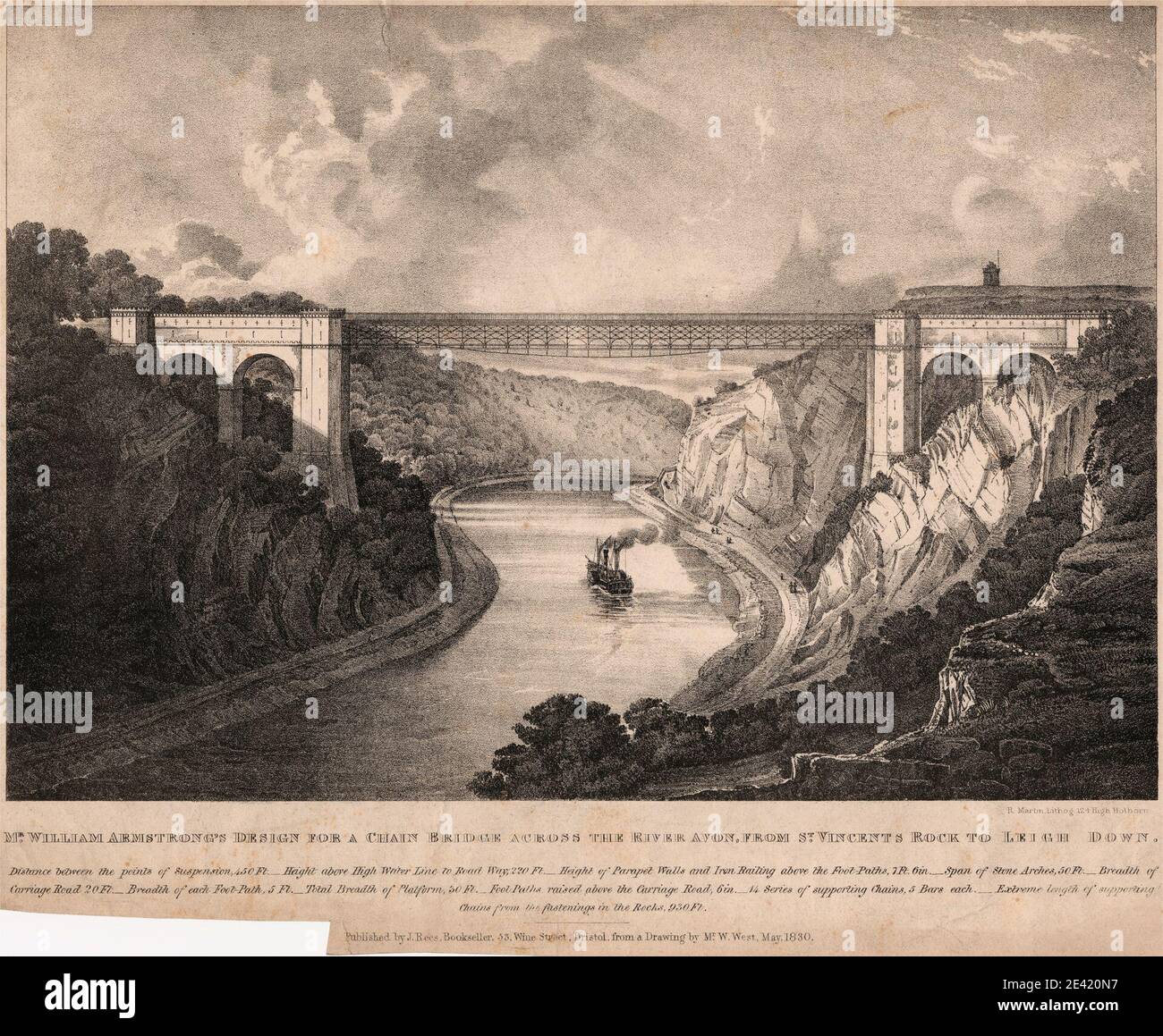 R. Martin, actif 1823â€"1840, conception de M. William Armstrong pour un pont en chaîne de l'autre côté de la rivière Avon, de St. Vincents Rock à Leigh Down, 1830. Lithographie. Banque D'Images