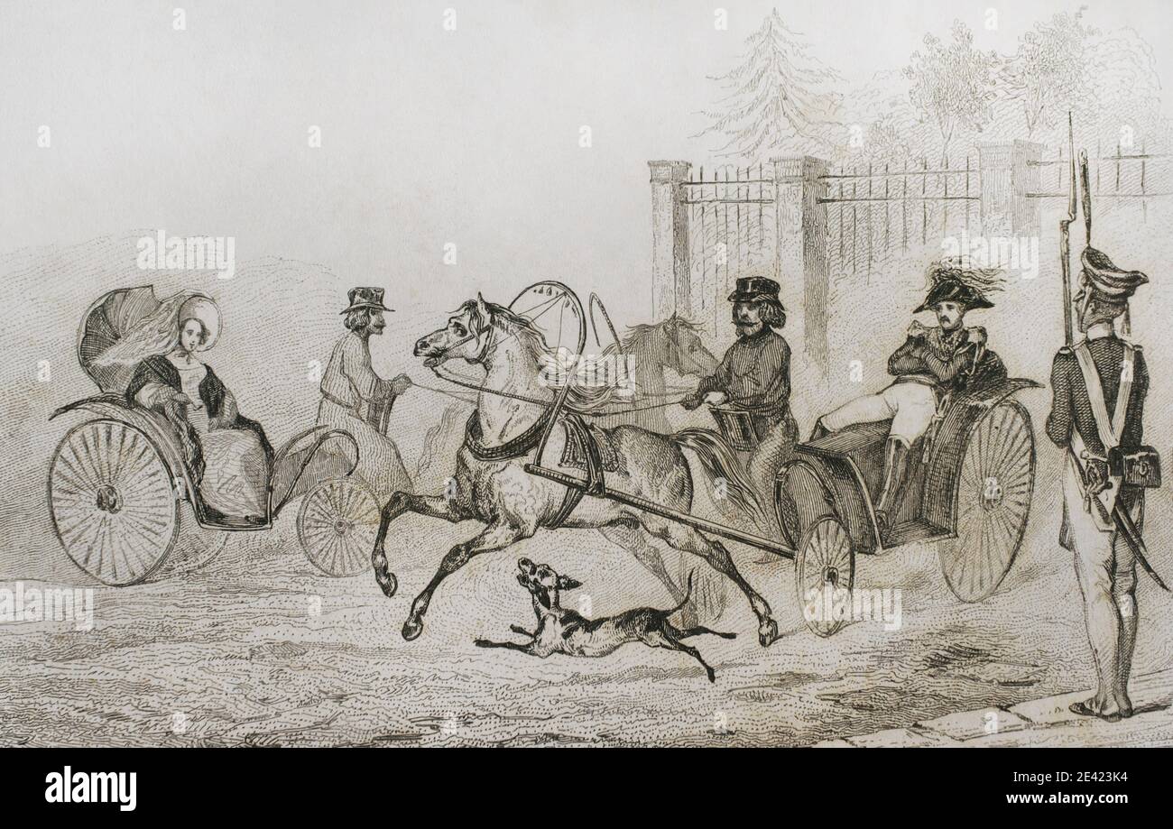 Russie. Droschki, petite voiture russe. Gravure par Lemaitre, Vernier et Chaillot. Histoire de la Russie par Jean Marie Chopin (1796-1870). Panorama Universal, édition espagnole, 1839. Banque D'Images