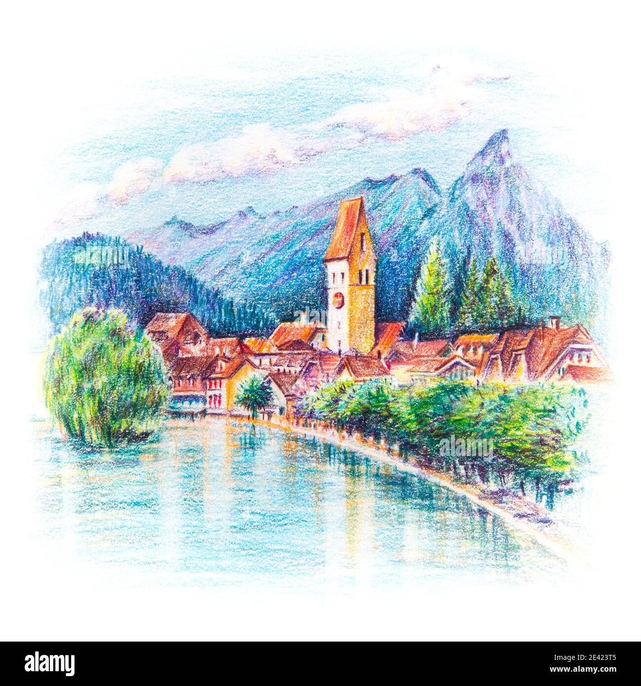 Crayons de couleur coplée croquis de l'église et de la rivière dans la vieille ville d'Unterseen Interlaken, Suisse Banque D'Images