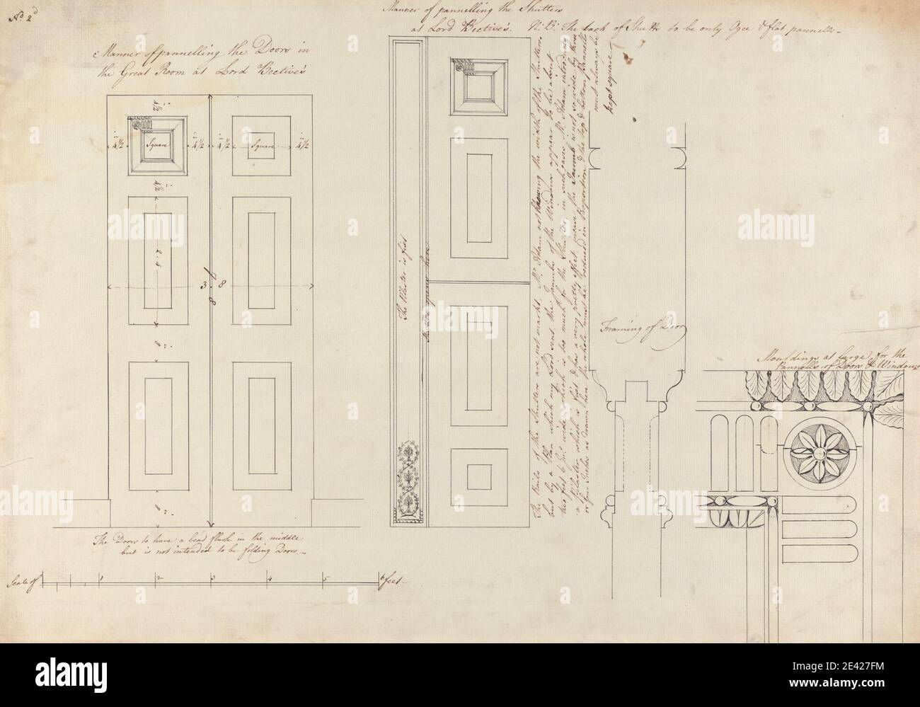 Robert Adam, 1728–1792, Grande-Bretagne, Headfort House: Great Room Door and Panel, entre 1771 et 1775. Stylo et encre noire et brune, graphite sur papier légèrement épais, légèrement texturé, crème. Sujet architectural , portes , Moulures , néoclassique , panneau (bois) , échelle (règle). Headfort House , Irlande , Kells , Leinster , Meath Banque D'Images