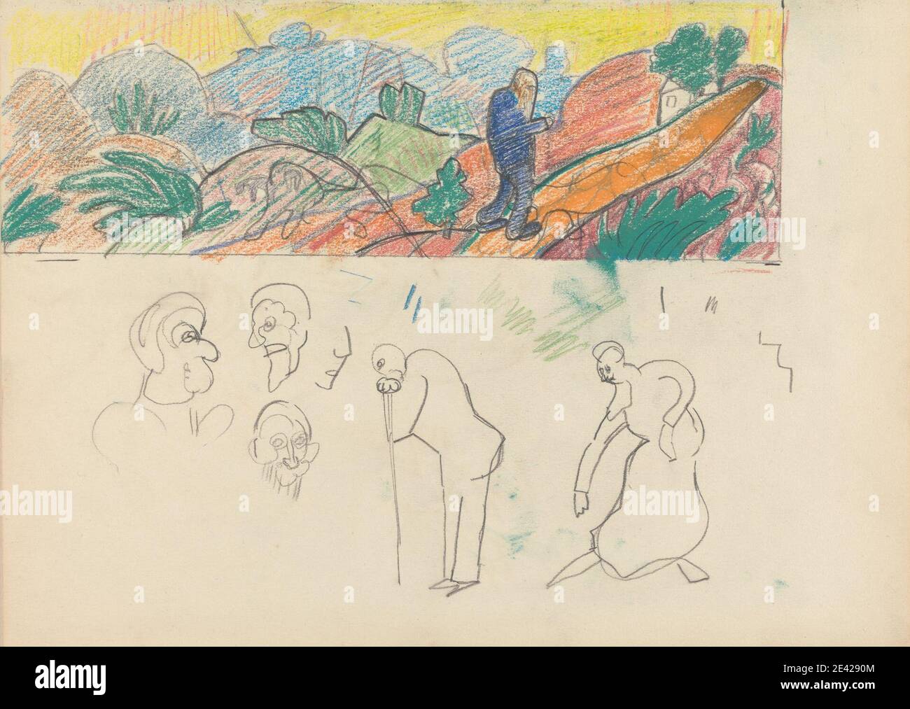 Spencer Frederick Gore, 1878-1914, British, Cave of the Golden Calf: Study for a Mural Decoration, Old Man in Landscape, 1912. Pastel, graphite, et stylo et encre noire sur modérément épais, légèrement texturé, papier de wove crème. art animal , animaux , oiseaux , cabaret , veau (animal) , design , étude de figure , figures , collines , jungle , paysage , murale , route , étude (travail visuel) , arbres , marche. Cité de Westminster , Angleterre , Europe , Londres , la grotte du veau d'or , Royaume-Uni Banque D'Images