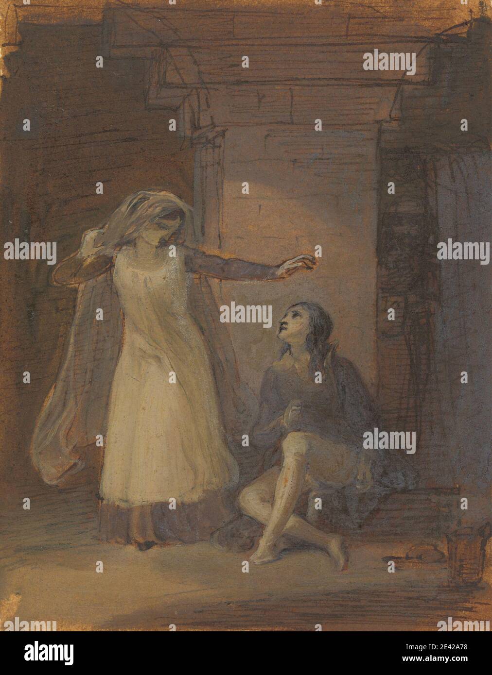 Robert Smirke, 1752–1845, British, Claudio et Isabella, 1823. Stylo et encre brune, lavage brun, gouache, et huile sur modérément épais, légèrement texturé, papier de vache crème collé sur modérément épais, légèrement texturé, papier de vache crème. Arches , bol , frère , institution correctionnelle , gestuelle , thème littéraire , mesure pour mesurer, pièce par William Shakespeare , nun , Nun's habitude , pichet , pièces de William Shakespeare , prison , prisonnier , robes , frères et sœurs , soeur , assis , espionnage , debout , voiles . Isabella, un novice nun (personnage de mesure) Claudio, frère d'Isabella Banque D'Images