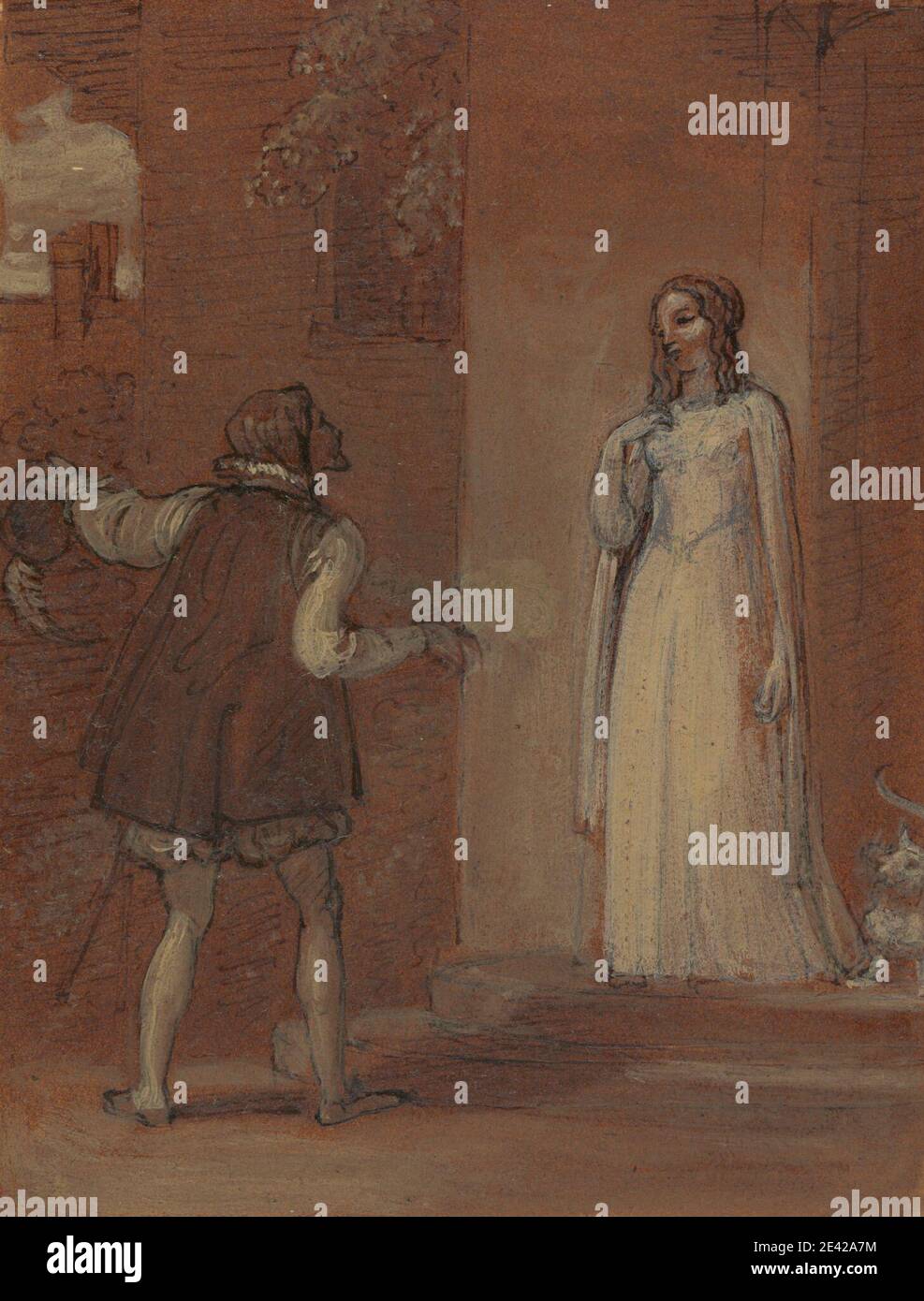 Robert Smirke, 1752–1845, British, Anne page et Slender, 1821. Stylo et encre brune avec lavage brun et gouache sur graphite avec gomme sur modérément épais, légèrement texturé, papier de vache crème collé sur modérément épais, légèrement texturé, papier de vache crème. Breeches , chat (chat domestique) , manteau , courting , robe , étude de figure , fleurs (plantes) , jardin , Gestuelle , thème littéraire , homme , pièces de William Shakespeare , châle , escaliers , parler , les femmes Joyeuses de Windsor, pièce de William Shakespeare , collants , femme , courbatures . Shakespeare, William (1564–1616), dramaturge et poète Shakespeare Banque D'Images