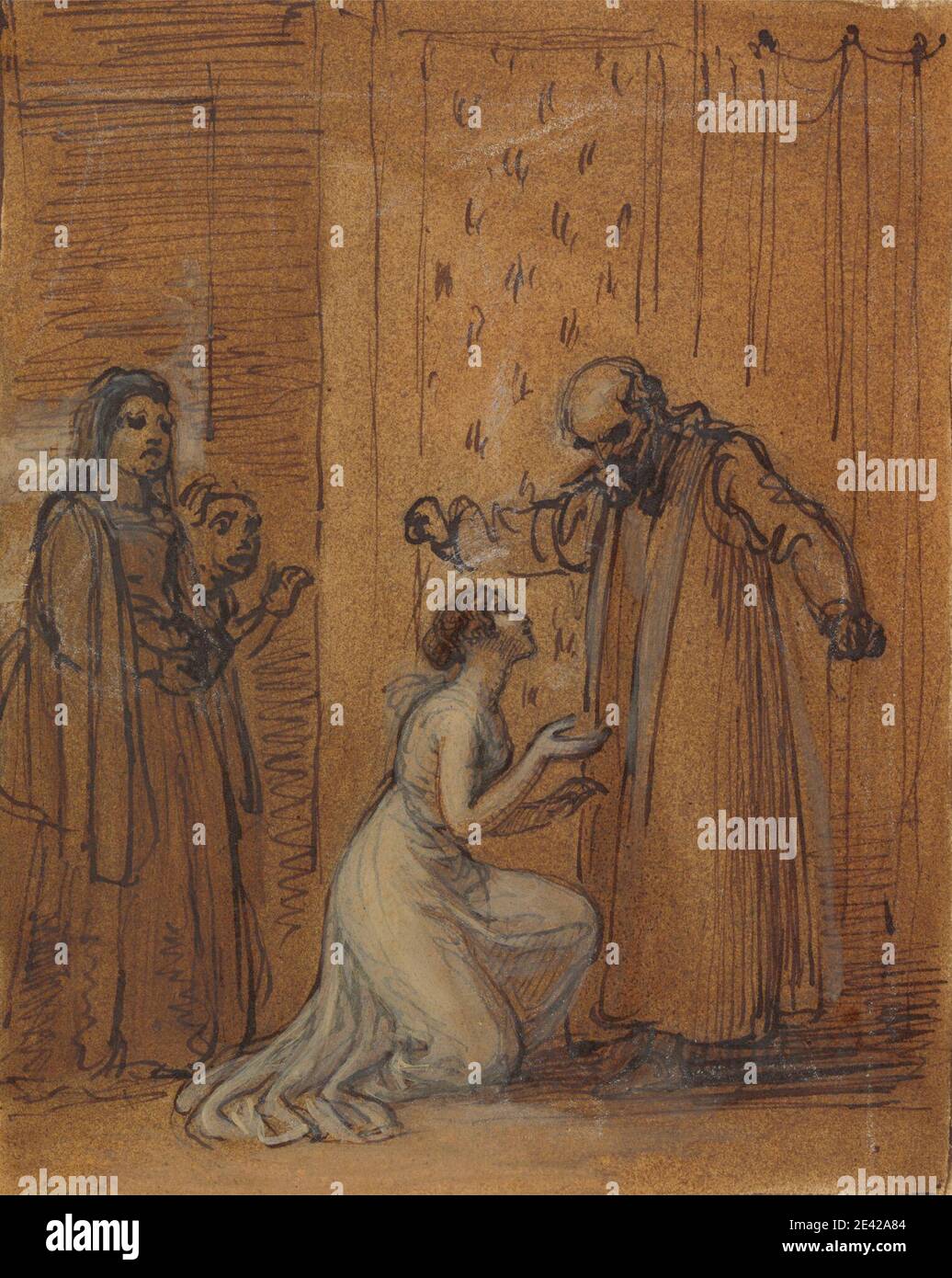 Robert Smirke, 1752–1845, Britannique, Capulet, main courante à sa fille, Juliet, 1825. Stylo et encre brune, lavage brun, gouache, et huile sur modérément épais, légèrement texturé, papier de vache crème collé sur modérément épais, légèrement texturé, papier de vache crème. Mendicité , rideaux , fille , drapererie , père , étude de figure , gestuelle , agenouillement , thème littéraire , Pièces de William Shakespeare , pleuding , Roméo et Juliette, pièce de William Shakespeare , serviteurs , criant , debout. Lord Capulet (personnage de Roméo et Juliette) Juliette (personnage de Roméo et Juliette) Shakespeare, William (1564–1616), Banque D'Images
