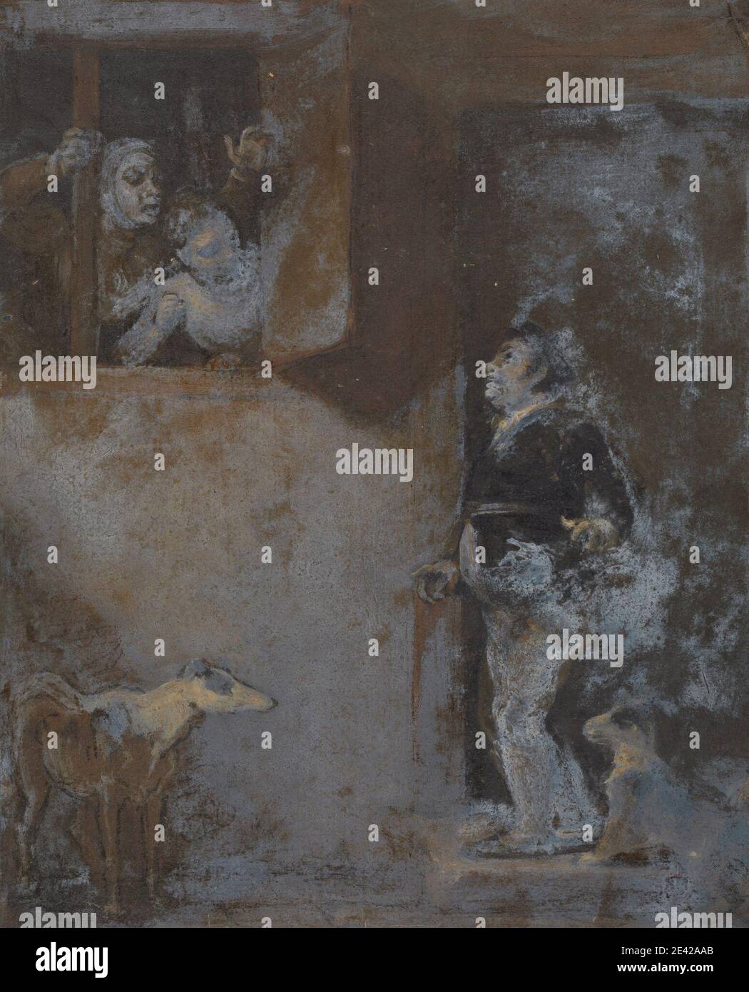 Robert Smirke, 1752–1845, anglais, Lauce avec son crabe canin, ca. 1821. Stylo et encre brune, lavage brun, gouache et huile sur modérément épais, légèrement texturé, crème papier posé collé sur modérément épais, légèrement texturé, papier de la feuille crème. Ceinture , chien (animal) , étude de figure , regard , gestuelle , veste , thème littéraire , homme , Pièces de William Shakespeare , assis , debout , les deux Messieurs de Vérone, pièce de William Shakespeare , fenêtre , femmes. Crabe, le chien Shakespeare, William (1564–1616), dramaturge et poète Shakespeare, William (1564–1616), dramaturge et poète Launce (personnage en Banque D'Images