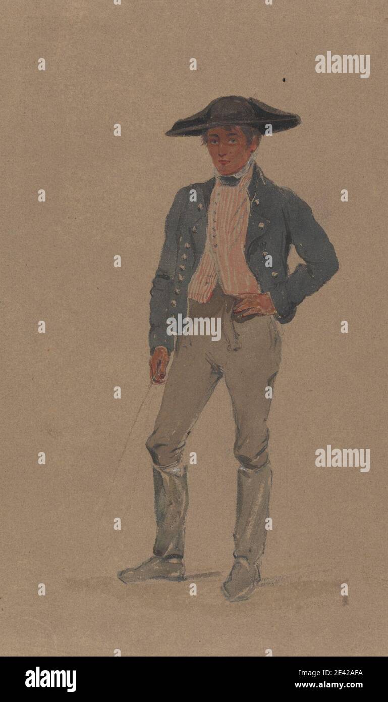 Thomas Sewell Robins, 1814-1880, britannique, UN Postilion, non daté. Aquarelle, graphite et gouache sur papier de vache légèrement épais et légèrement texturé. Bottes , boutons , costume , étude de figure , chapeau , veste , homme , postilion , gilet , fouet Banque D'Images