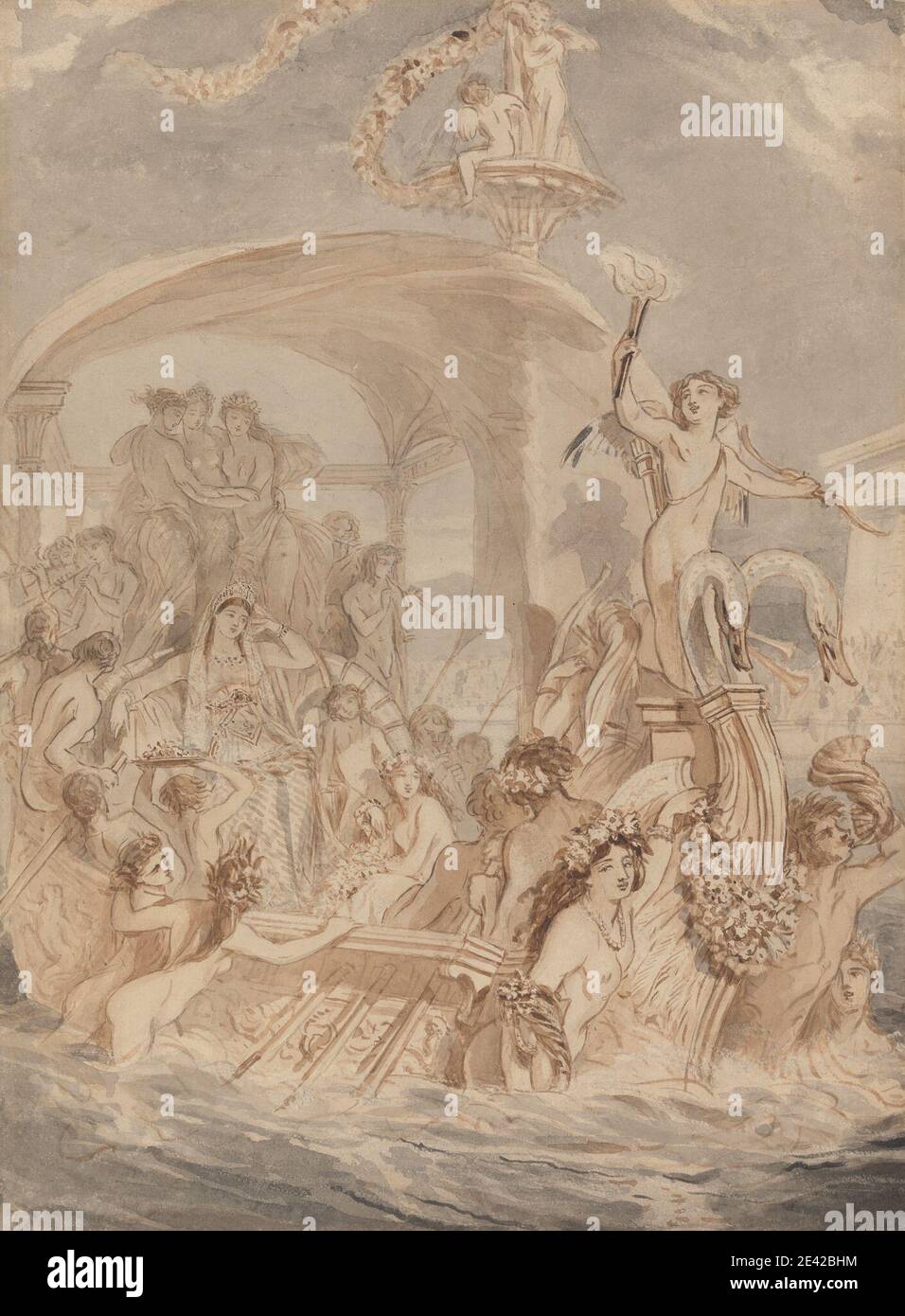 Alfred Edward Chalon, 1780–1860, britannique, Cleopatra sur le Cydnus pour  rencontrer Antony, ca. 1821. Encre brune avec lavage gris et raclage sur du  graphite sur du papier vélin légèrement texturé légèrement épais