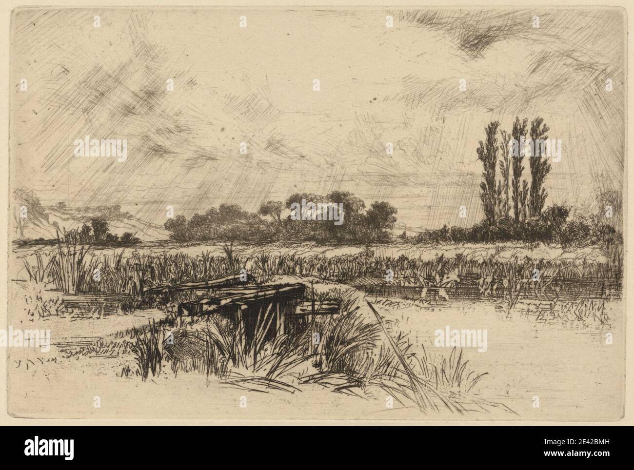 Francis Seymour Haden, 1818-1910, British, A Water Meadow, 1859. Gravure et point sec, avec un ton de plaque sur du papier vélin crème modérément épais, légèrement texturé. Collines , paysage , prairie , roseaux , réflexions , ciel , arbres , eau. Angleterre , Europe , Hampshire , Romsey , Test , Royaume-Uni Banque D'Images