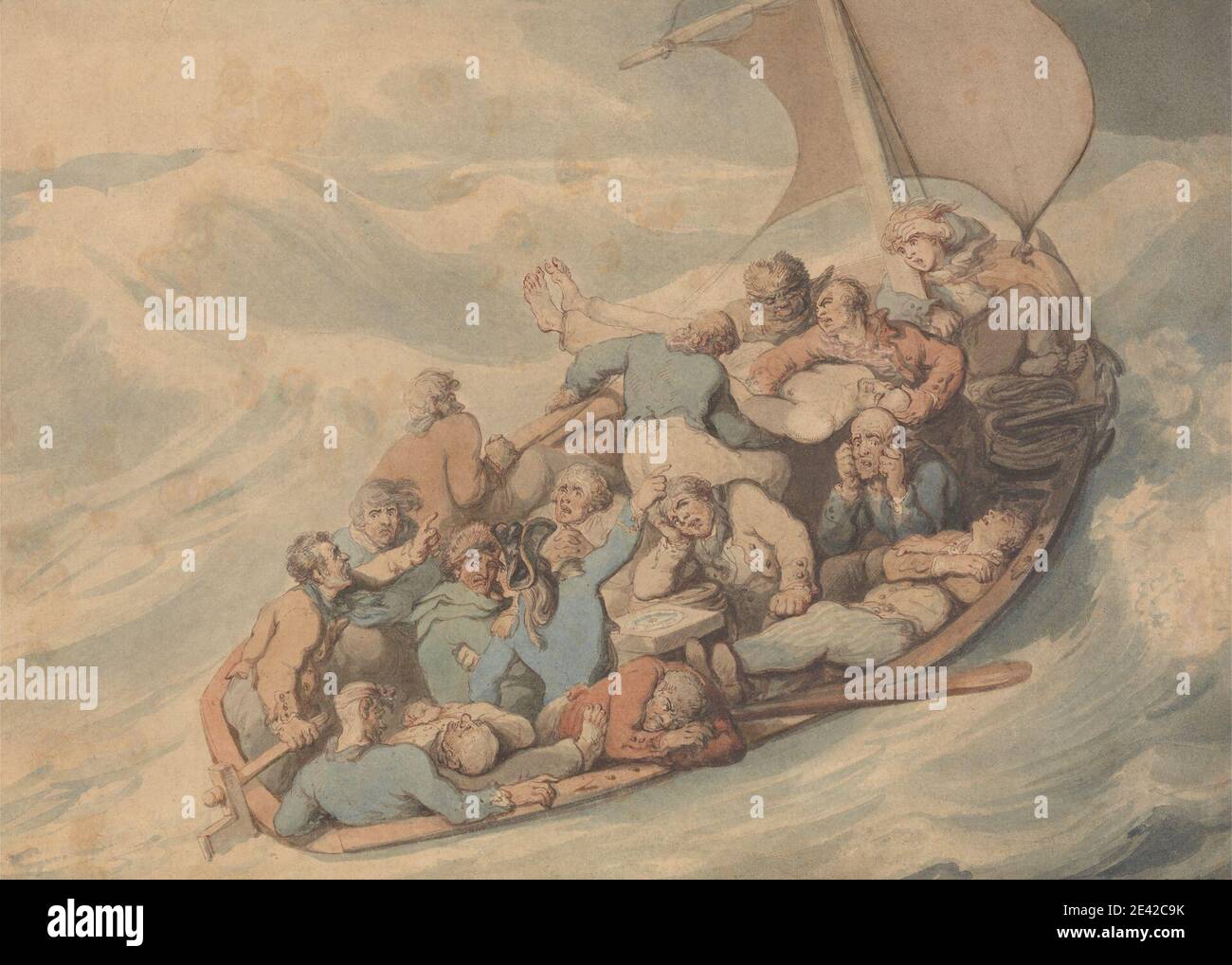 Thomas Rowlandson, 1756â€"1827, British, Distress, 1790 à 1795. Aquarelle avec stylo et encre marron et rouge sur graphite sur modérément épais, légèrement texturé, crème, papier vélin. Bateau , mort , mort , art marin , hommes , météorologie , voile , science , mer , tempête , vagues (événements naturels) Banque D'Images