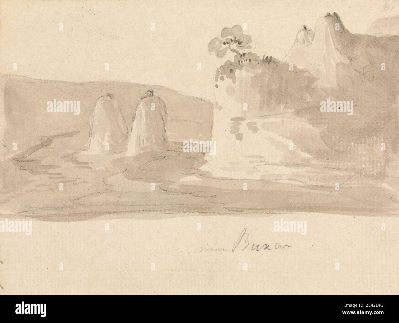 Thomas Daniell, 1749–1840, britannique, actif en Inde, près de Bunar, non daté. Graphite et brun laver sur du papier blanc bleuté, moyennement texturé; monté sur, modérément épais, légèrement texturé, crème, papier vélin. Collines , paysage , arbre Banque D'Images