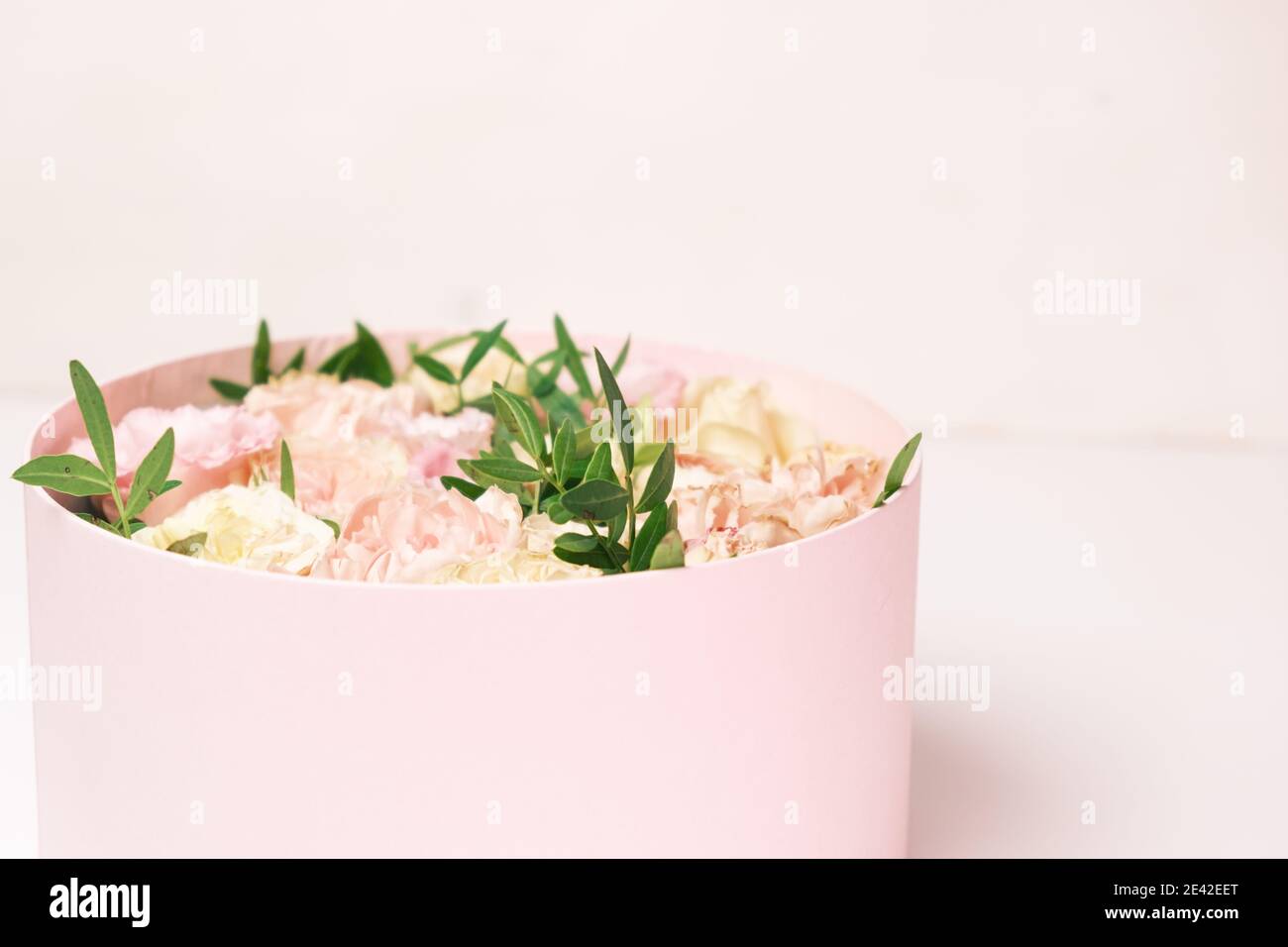 Une fleur élégante et délicate dans une boîte ronde à chapeau sur fond rose avec espace de copie. Boîte cadeau pour le 8 mars, Journée internationale de la femme Banque D'Images