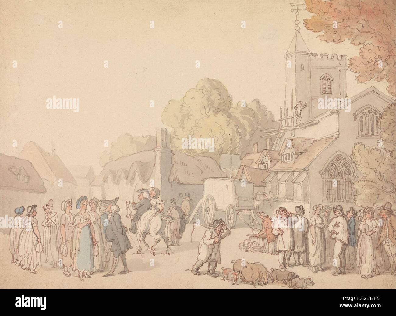 Thomas Rowlandson, 1756â€"1827, British, UNE scène de village à l'extérieur d'une église, non daté. Aquarelle avec plume et encre marron et grise sur graphite modérément épais, légèrement texturé, beige, papier vélin. Paniers , bâtiments , chariot , église , genre sujet , cheval (animal) , hommes , dehors , personnes par activité , porcelets , cochons , arbres , village , wagon , weathervane , femmes Banque D'Images