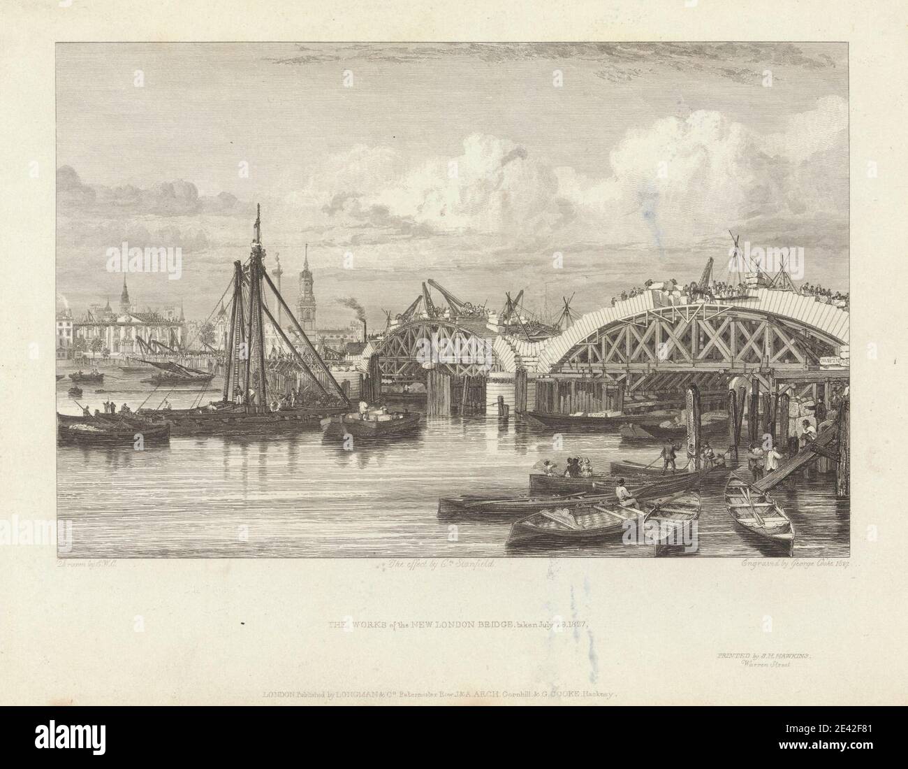 George Cooke, 1781â€"1834, British, The Works of the New London Bridge, 1827. Gravure. Banque D'Images