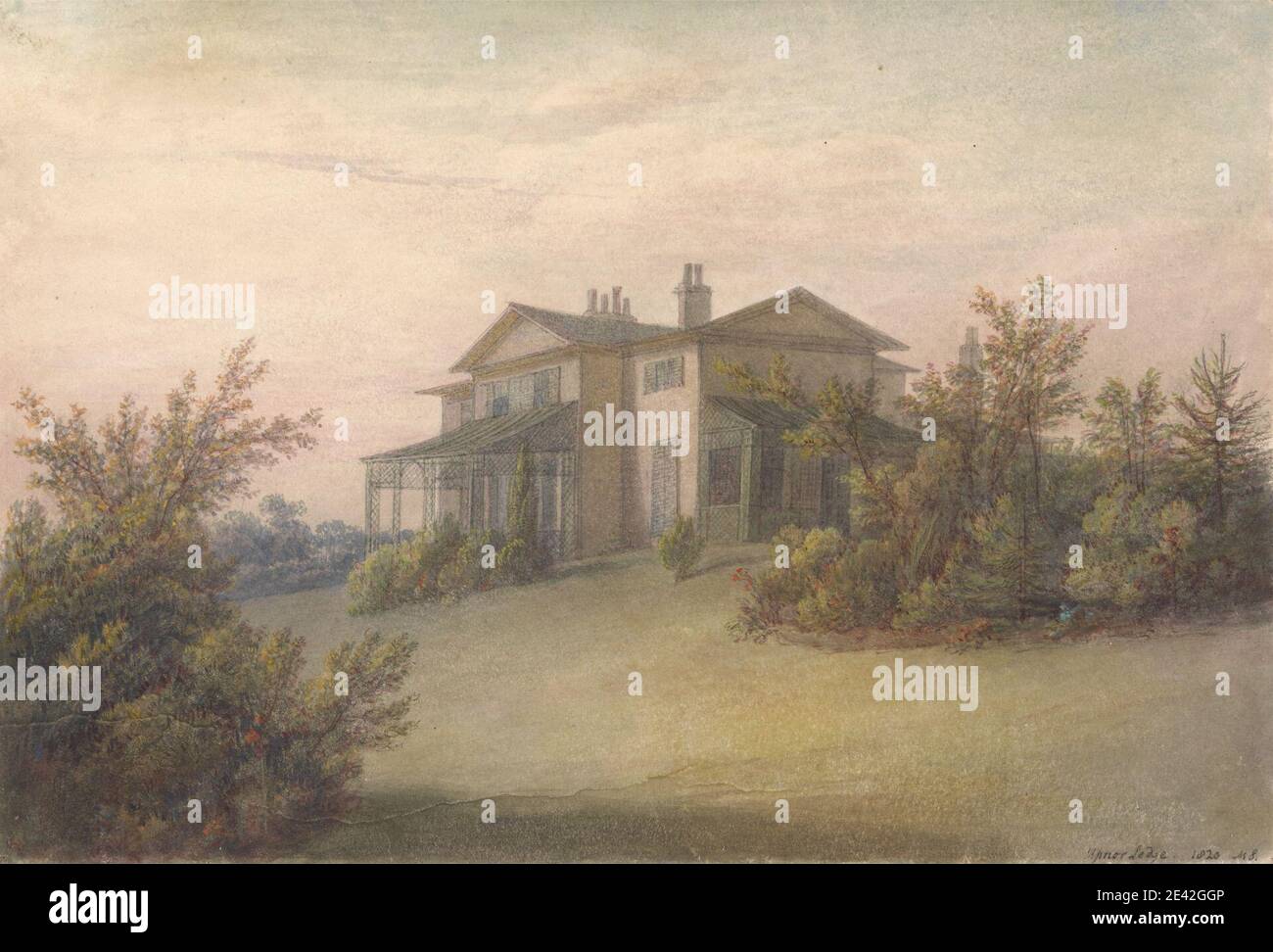 Mary Smirke, 1779-1853, British, Upnor Lodge, 1820. Aquarelle, encre, et graphite sur papier vélin moyen, légèrement texturé, crème monté sur papier cousu moyen, légèrement texturé, crème. Sujet architectural , maisons , paysage , pelouses , porches. Angleterre , Kent , Royaume-Uni , Upnor Banque D'Images