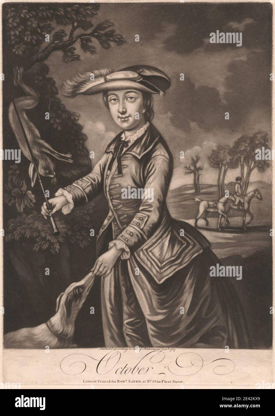 Imprimé par un artiste inconnu, dix-huitième siècle, octobre 1767. Mezzotint sur du papier moyen, légèrement texturé et crème. Banque D'Images