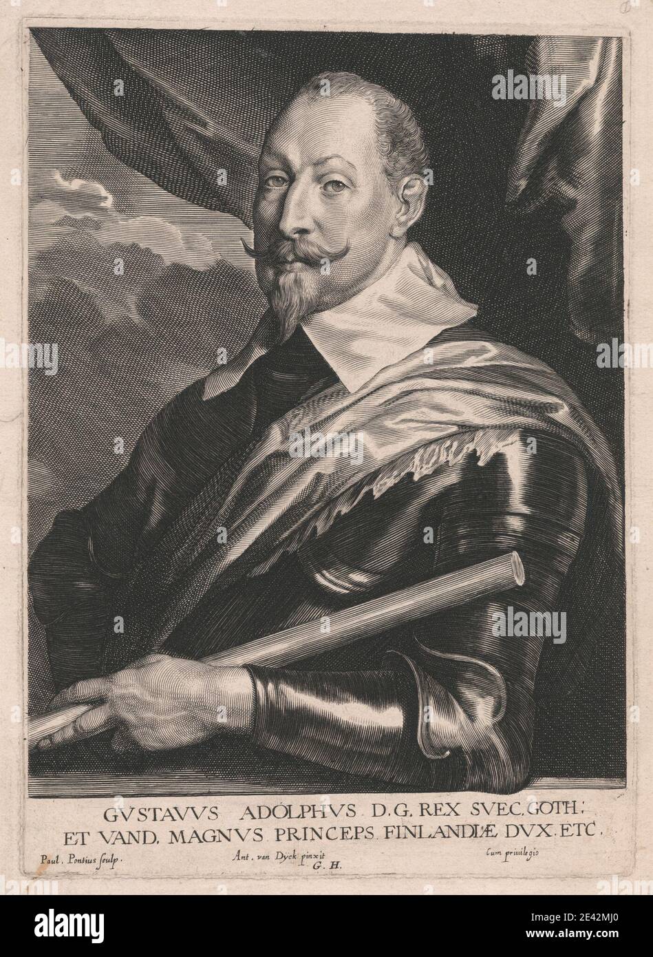 Paulus Pontius, 1603â€"1658, Flamand, Gustavus Adolphus D. G. Rex Svec.Goth; et Vand, Magnus Princeps FinlandiÃ¦ Dux, etc, ca.1635. Gravure en ligne et gravure en crépi sur papier blanc, marron, moyen, légèrement texturé, modérément épais, légèrement texturé, beige, vélin. Banque D'Images