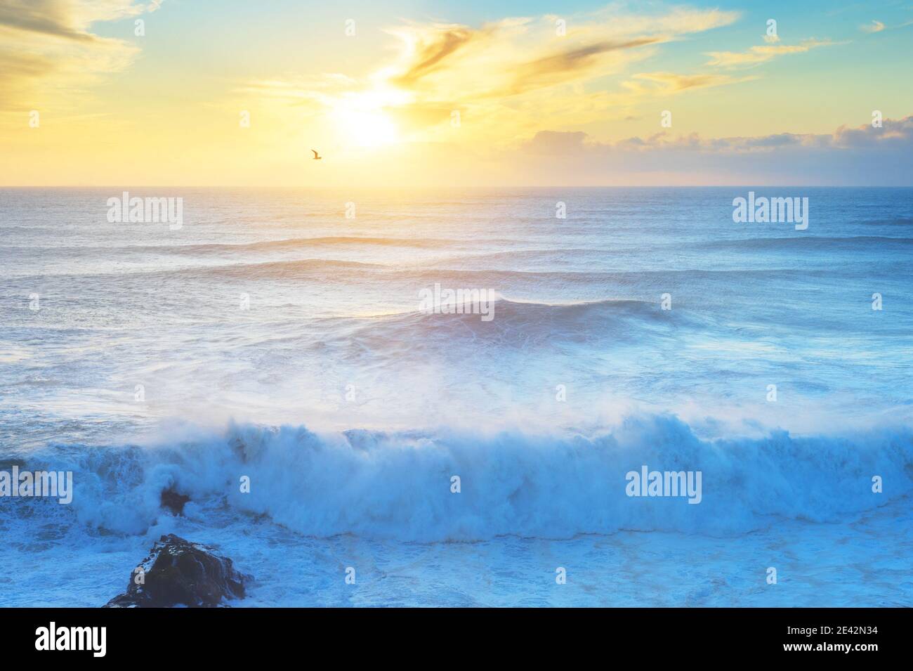 Vagues sur l'océan Atlantique au coucher du soleil. Nazaré, Portugal Banque D'Images