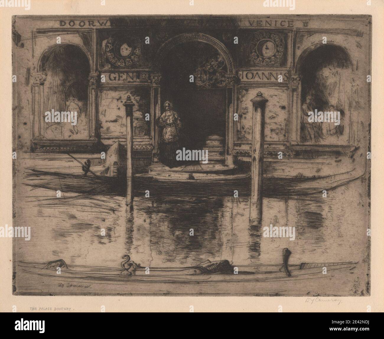 Sir David Young Cameron, 1865-1945, British, The Palace doorway [North Italian Set: No 22], 1895. Arches , sujet architectural , bateaux , bâtiment , canal , costume , porte , gondoles , coiffeur , art marin , amarres , oar , palais , pilastres , poteaux , cocardes , escaliers , fenêtres , femme . Europe , Grand Canal , Italie , Vénétie , Venise , Venise Banque D'Images