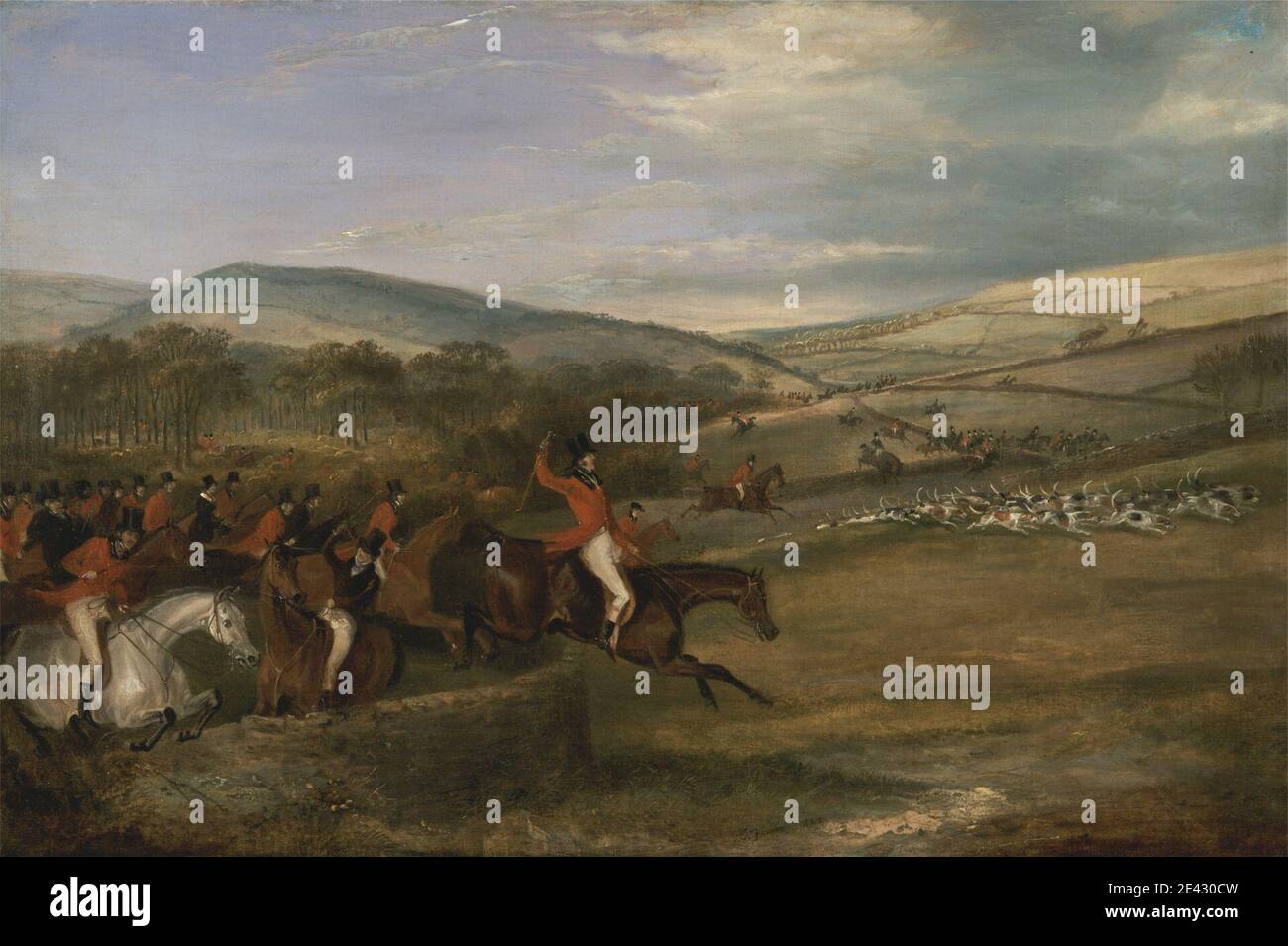 Francis Calcraft Turner, actif 1782â€"1846, British, The Berkeley Hunt, 1842: Full Cry, 1842. Huile sur toile. Animaux , sangsues , bride , chasse , chiens (animaux) , champ , collines , chiens (chiens) , chasseurs , chasse , paysage , maître , hommes , montagnes , fête , chemin , bottes d'équitation , habitude d'équitation , route , course , selle , art sportif , sportifs , hauts chapeaux , femmes. Berkeley , Angleterre , Gloucestershire , South Gloucestershire , Royaume-Uni Banque D'Images