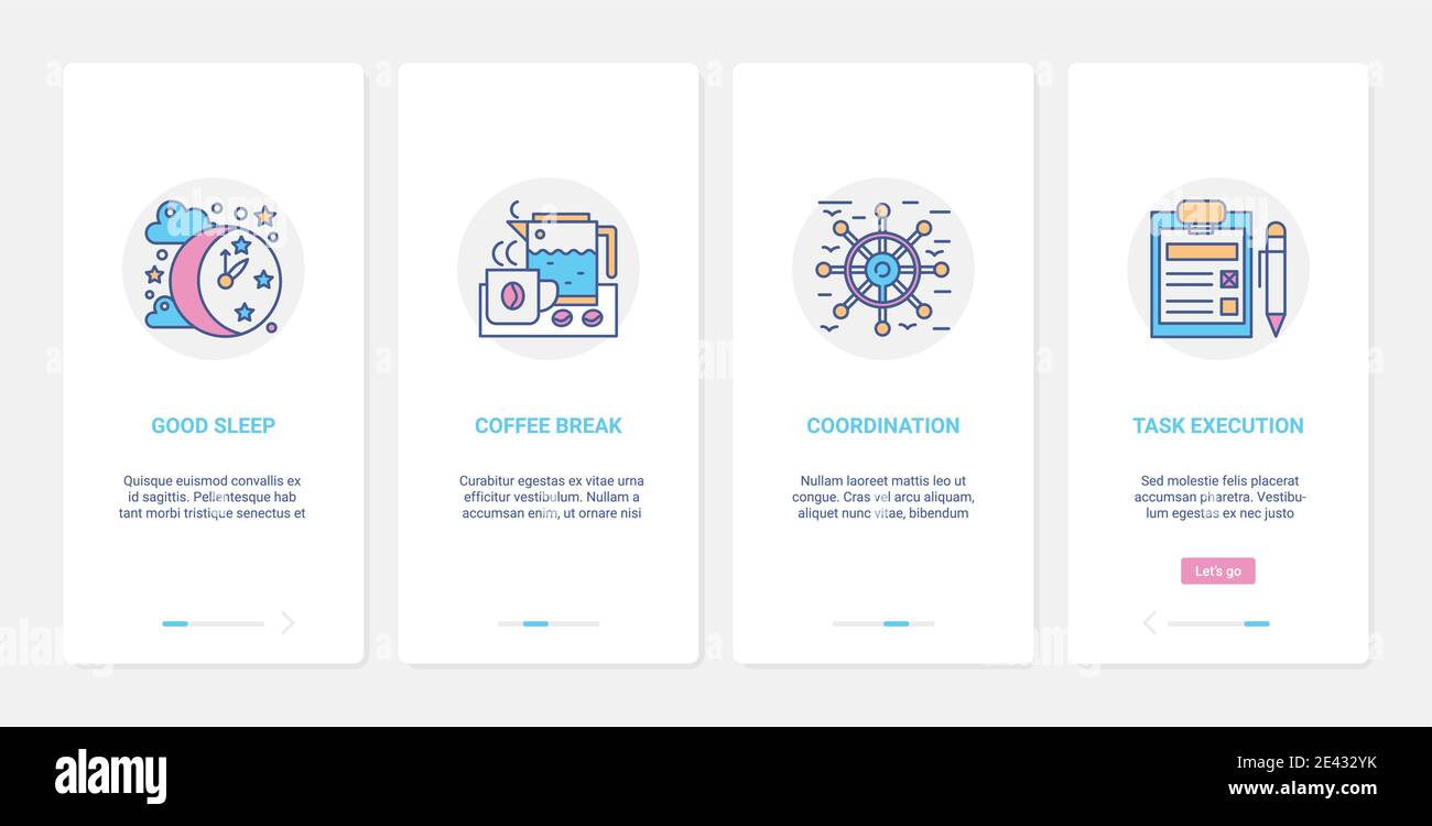 Gestion d'entreprise, illustration du vecteur de concept d'exécution de la coordination du temps. UX, écran de page d'application mobile d'intégration d'interface utilisateur avec tâches de coordination de ligne, symboles abstraits de pause-café de sommeil Illustration de Vecteur