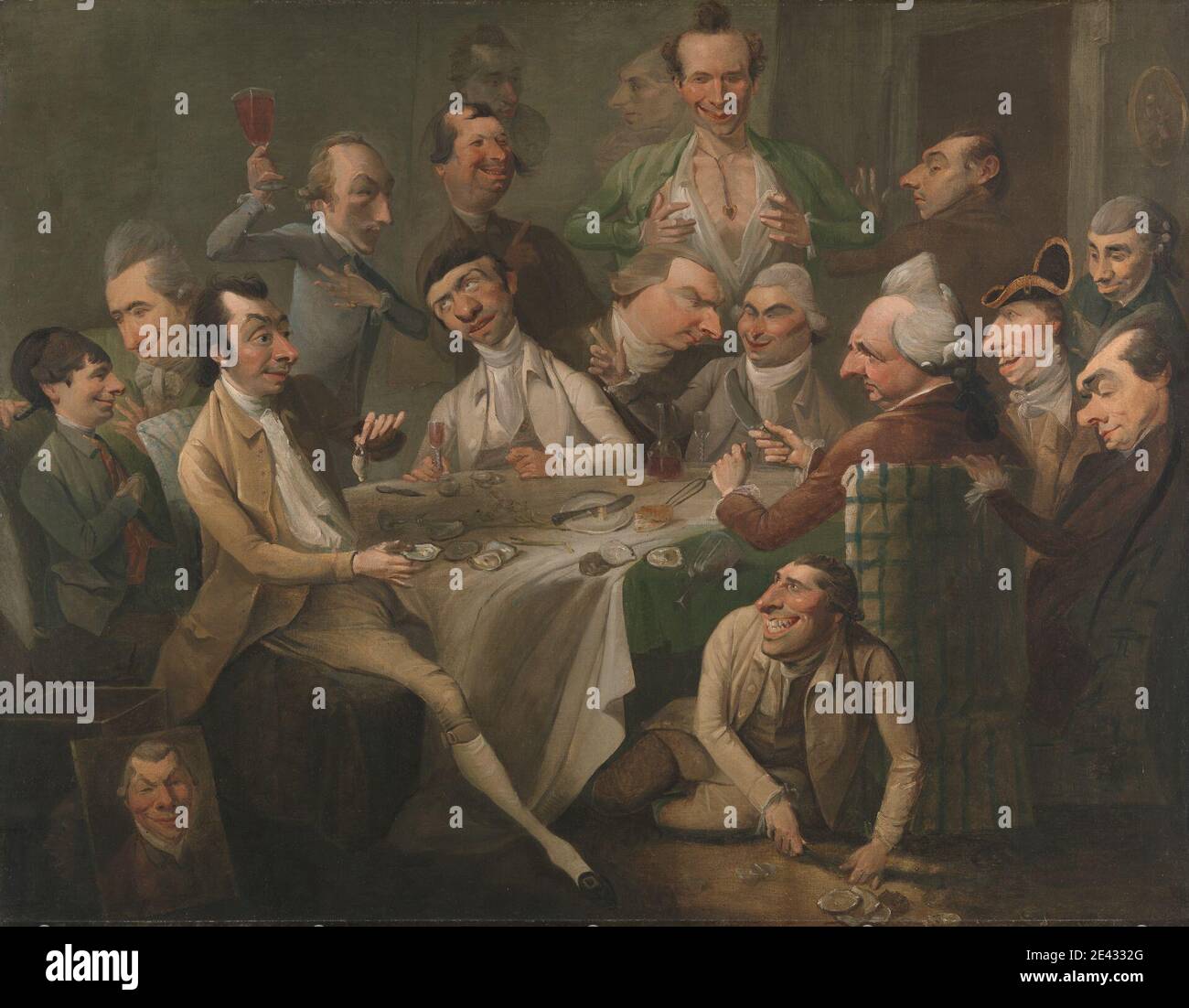 John Hamilton Mortimer, 1740â€"1779, British, A caricature Group, ca. 1766.  Huile sur toile. Caricature , dîner , boisson , verres à boire , nourriture  , rassemblement , gobelet , chapeau , repas ,