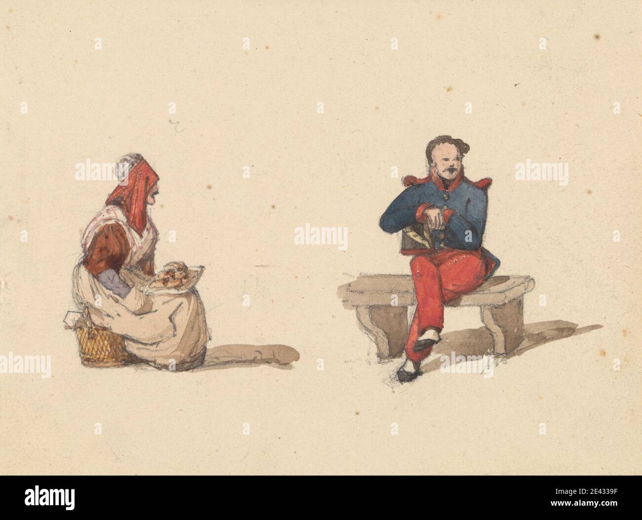 Ambrose Poynter, 1796â€"1886, Britannique, esquisses de la vie à Paris: Femme assise et homme assis - deux dessins sur un support, ca. 1835. Aquarelle et graphite sur papier vélin moyen, légèrement texturé, crème. Banc , boutons (attaches) , robe , épaulettes , genre sujet , foulard , homme , paysans , assis , shako , spats , plateau , uniforme , femme. Europe , France , Paris , ÃŽle-de-France Banque D'Images