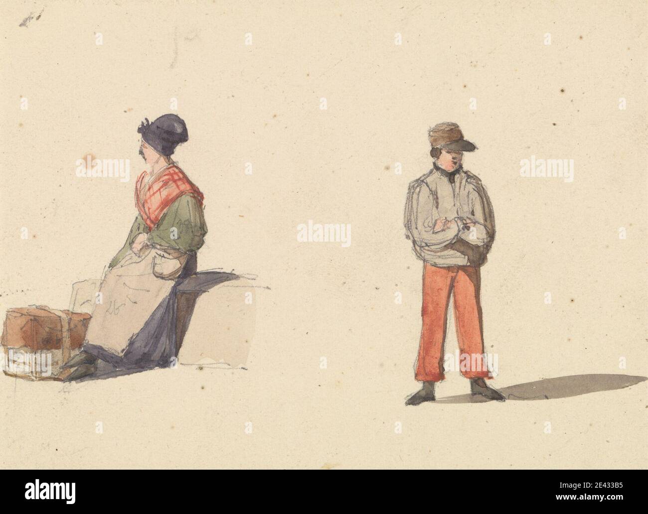 Ambrose Poynter, 1796â€"1886, Britannique, esquisses de la vie à Paris: Femme assise et homme debout, ca. 1835. Aquarelle sur graphite sur papier vélin moyen, légèrement texturé, crème. Tablier , paquets , chapeau (coiffeur) , robe , genre sujet , homme , paysans , assis , debout , femme. Europe , France , Paris , ÃŽle-de-France Banque D'Images