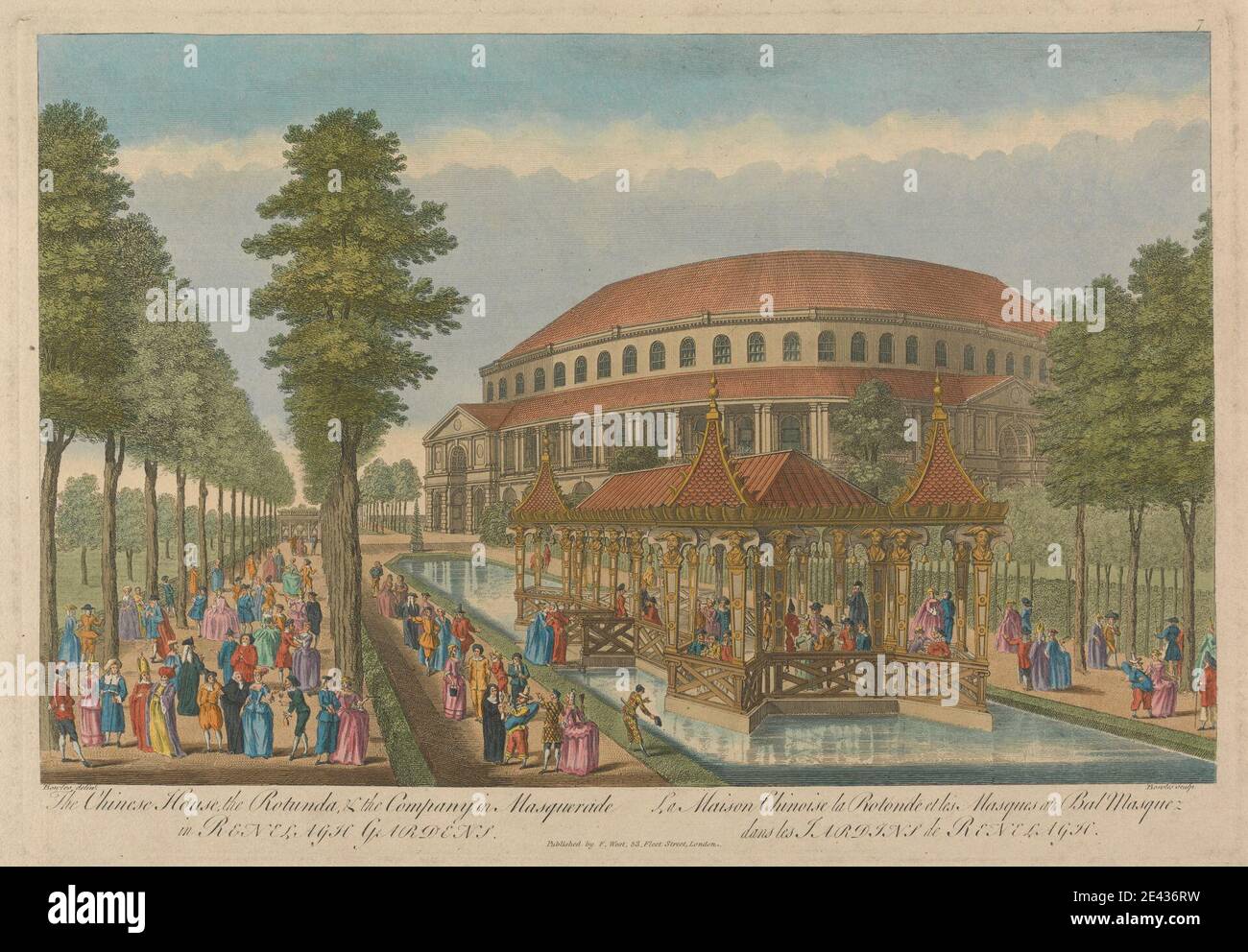 John Bowles, 1701–1779, British, The Chinese House, The Rotunda, and the Company in Mascarade, dans les jardins de Ranelagh. Gravure de couleur main. Banque D'Images
