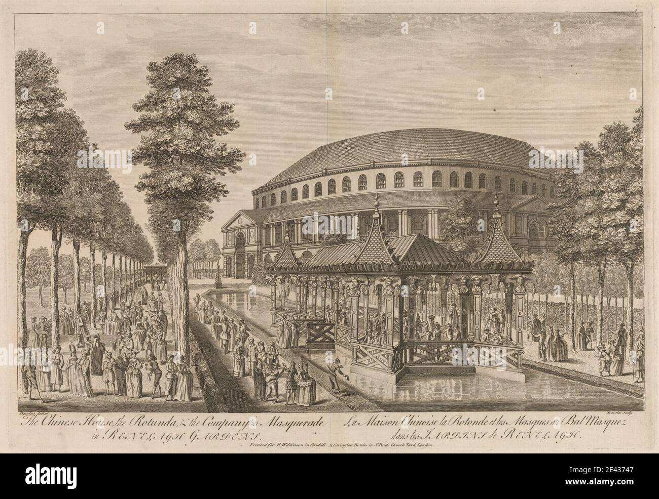 John Bowles, 1701–1779, British, The Chinese House, The Rotunda and the Company in Mascarade, dans les jardins de Ranelagh. Gravure. Banque D'Images