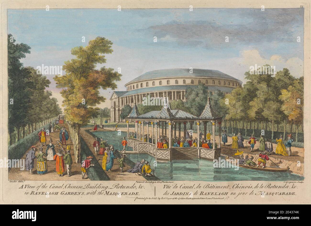 Charles Grignion, 1754–1804, Grande-Bretagne, VUE sur le canal, le bâtiment chinois, Rotundo et l'église dans les jardins de Ranelagh avec la Mascarade. Gravure de couleur main. Banque D'Images