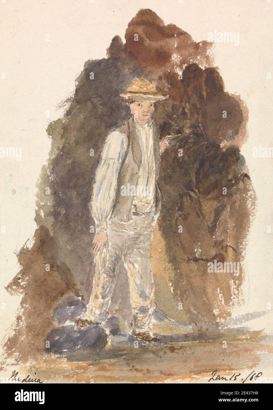 Artiste inconnu, dix-neuvième siècle, Man Standing (Madeira Jan 15/68), 1868. Aquarelle et graphite sur du papier de vélin épais et modérément texturé. étude de figure , chapeau , debout Banque D'Images