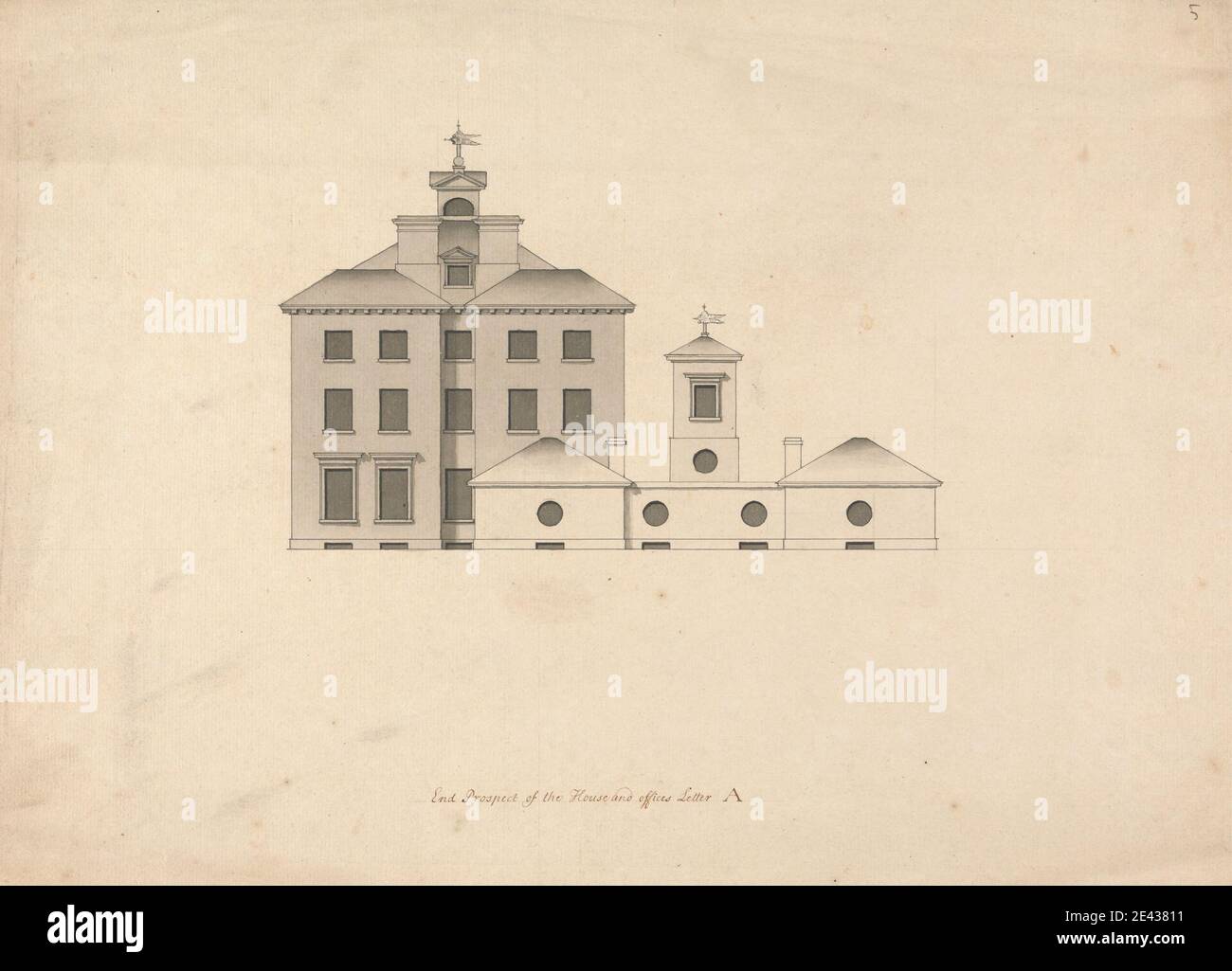 Roger Morris, 1695–1749, British, Whitton House, Middlesex : élévation du front est, entre 1732 et 1739. Graphite, stylo et encre noire et gris laver sur meidum, légèrement texturé, beige papier vélin à une échelle de 1/10 pouces à 1 pied. Sujet architectural, maison de campagne, vue extérieure. Angleterre , Europe , Middlesex , Royaume-Uni Banque D'Images