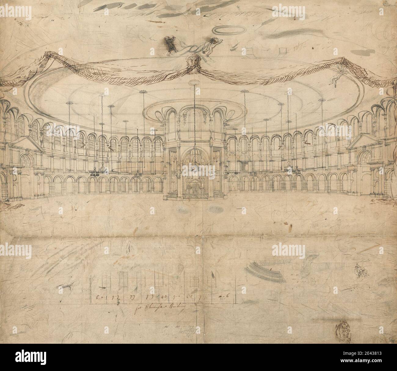 William John Newton, 1785â€"1869, British, Design for the Rotunda, Ranelagh Gardens, non daté. Stylo et encres noires et brunes, graphite; (verso) graphite et bruns laver sur papier légèrement texturé, moyen, crème. Sujet architectural, design, vue intérieure, jardin de plaisir Banque D'Images