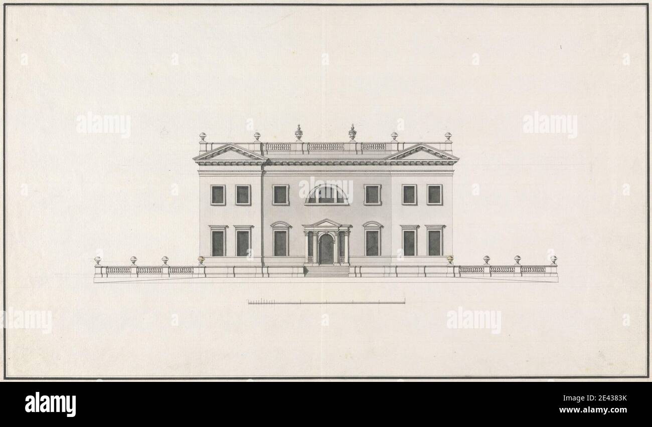 Attribué à John Sanderson, actif 1730 â€"mort en 1774, Britannique, non identifié Maison de campagne: Élévation arrière, non daté. Stylo et encre noire avec gris laver sur graphite sur moyen, modérément texturé, crème posée barre de papier échelle de 1/12 pouces à 1 pied. Sujet architectural , balustrades , colonnes (éléments architecturaux) , maison de campagne , fenêtres diocléennes , élévation (dessin) , urnes , fenêtres Banque D'Images