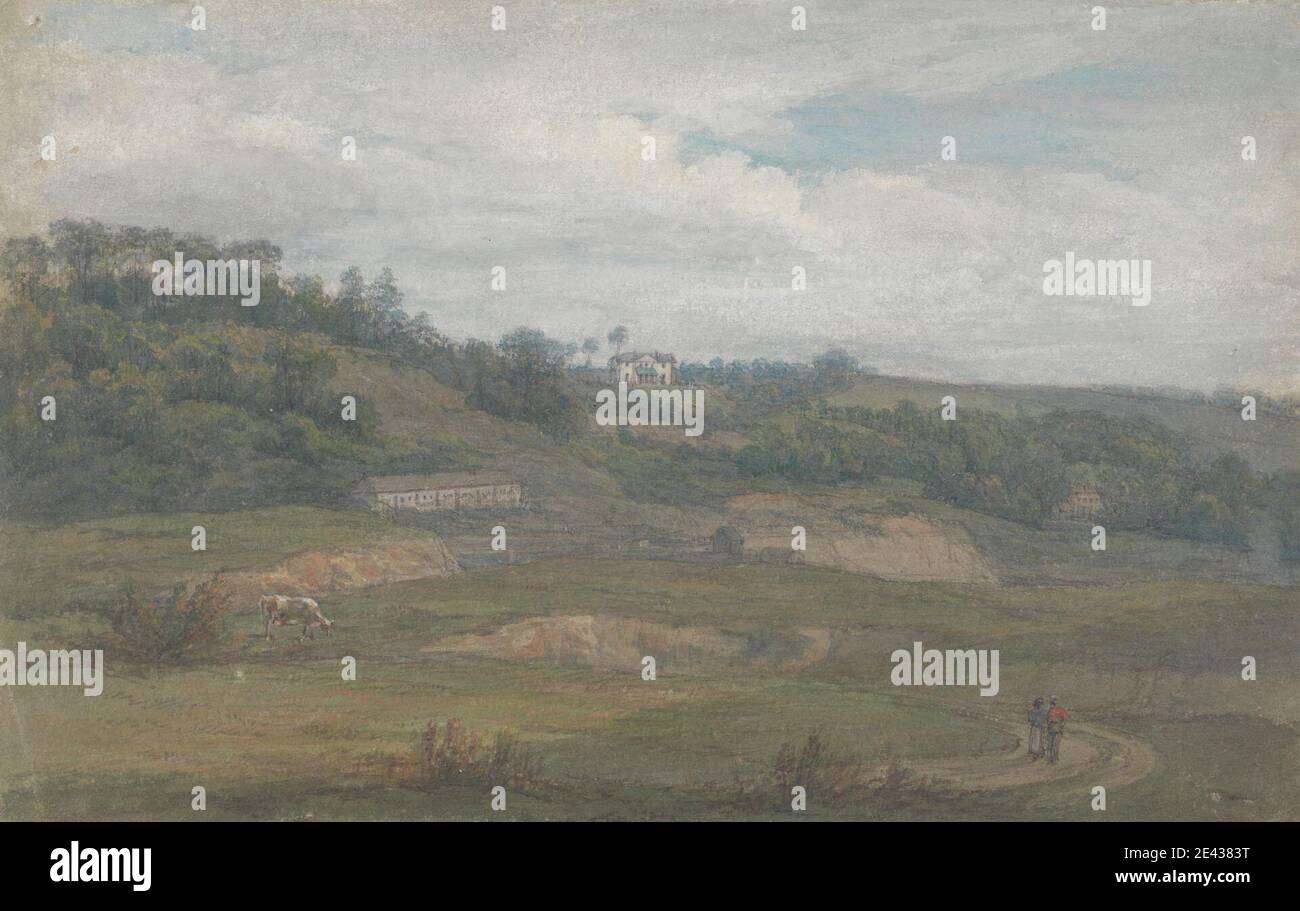 Mary Smirke, 1779–1853, Grande-Bretagne, vue lointaine de Upnor Lodge, non datée. Aquarelle sur papier vélin moyen, légèrement texturé, bleu. Sujet architectural , vue extérieure , maison , paysage Banque D'Images