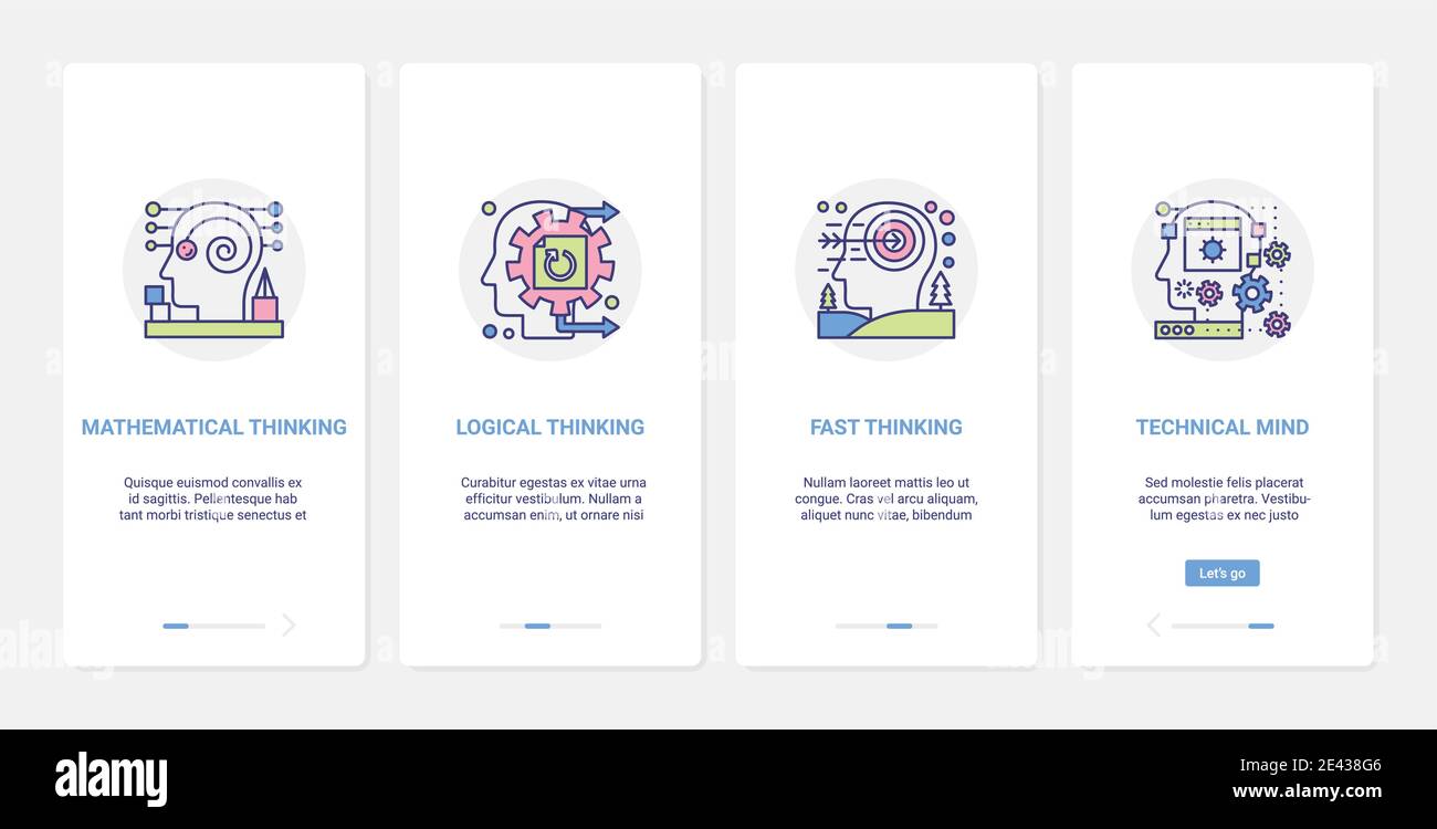 Illustration du vecteur logique des processus Mind. UX, UI Onboarding mobile application page écran ensemble de la ligne abstraite de traitement de la tête humaine dans la pensée logique mathématique rapide, symboles d'intelligence technique Illustration de Vecteur