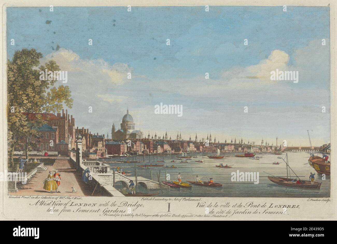 Edward Rooker, 1724â€“1774, British, A West View of London avec le pont pris de Somerset Gardens. Gravure de couleur main. Banque D'Images