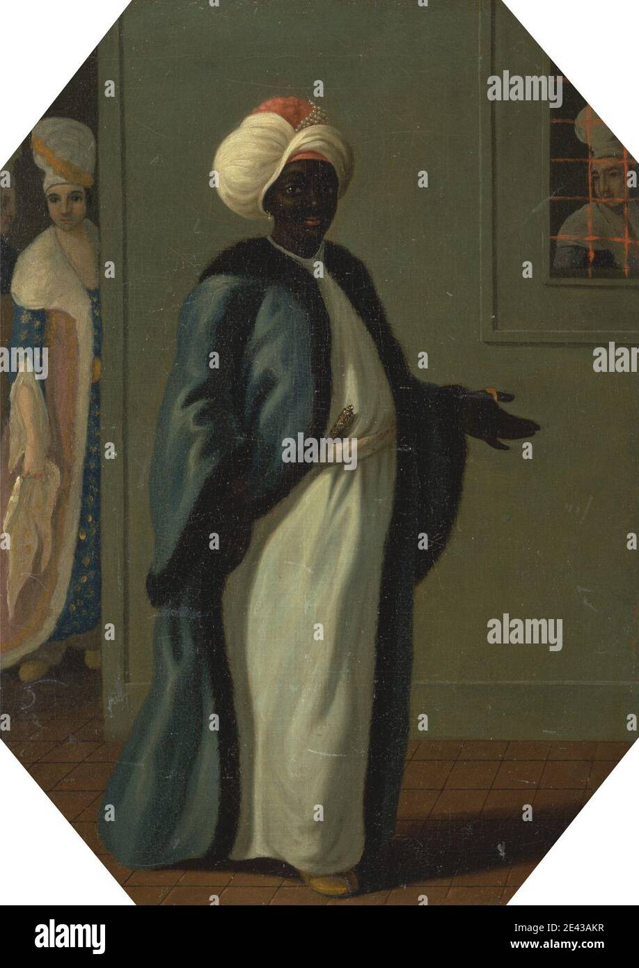 Francis Smith, actif 1763–1780, britannique, Kisler Aga, chef des eunuchs noirs et premier gardien du Serraglio, entre 1763 et 1779. Huile sur toile. Africain , banyan , noir , geste , harem , tête , intérieur , octogonal , portrait , peignoirs , tuiles , turban , fenêtre Banque D'Images